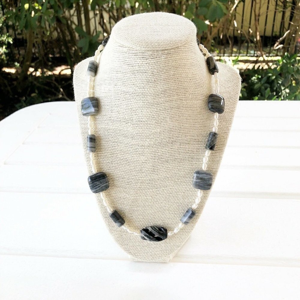 NWT Genuine Jasper & Pearl Beaded Necklace Gray Black White